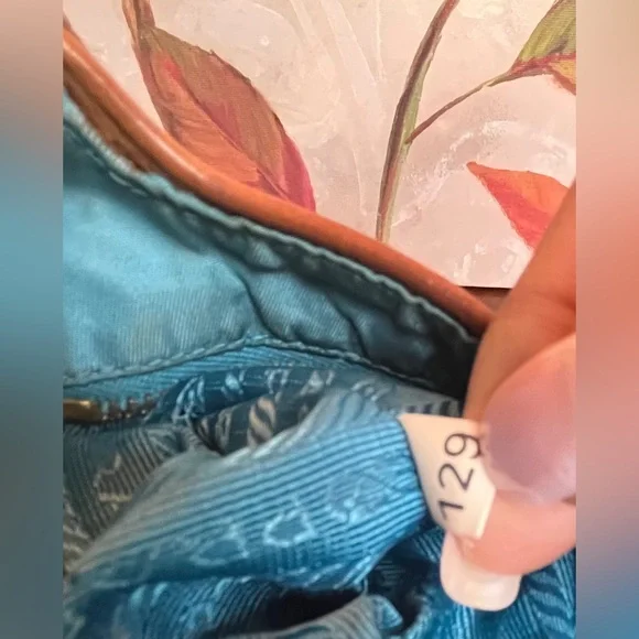 Prada Vintage Beige Mixed Material Multicolor Bag w/Leather Trim & Teal Interior - Picture 9 of 17